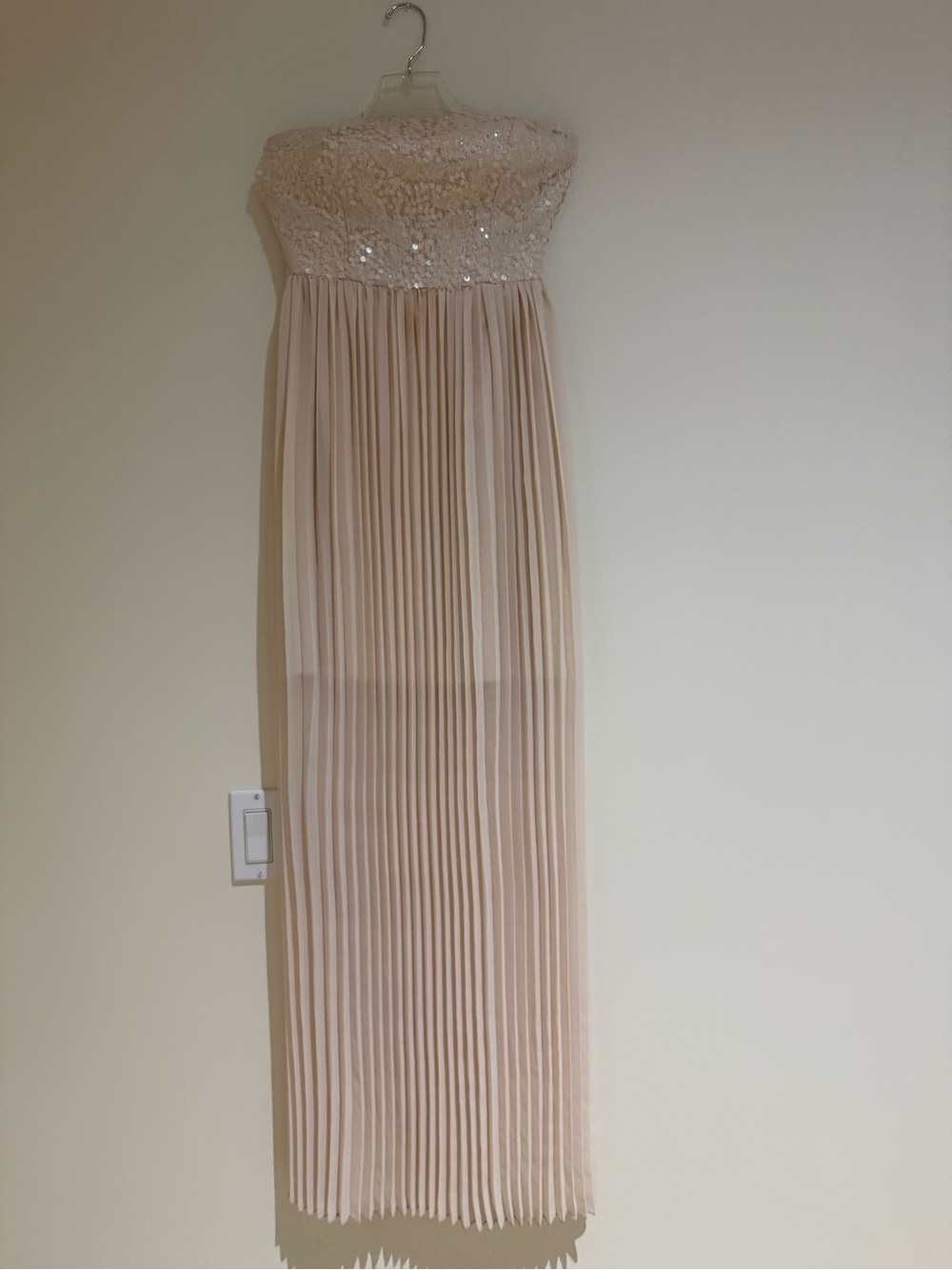 Blush Pleated Strapless Prom Dress with Sequin Bodice
